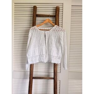 Unbranded Crochet Cardigan Womens m White  Open Knit Scalloped Hem